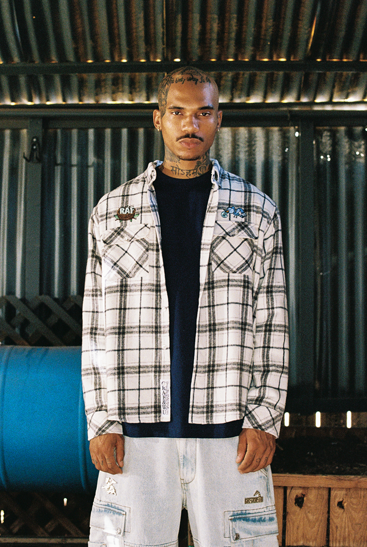 GRAF&WU Embroidered Blue Bird Nest Streetwear Plaid Brushed Shirt