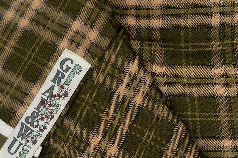 GRAF&WU Embroidered Plaid Button Up Shirt Ribbed Trim Oversized Streetwear