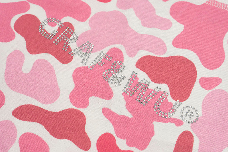 GRAF&WU Rhinestone Letter Design Streetwear Camouflage T-shirt