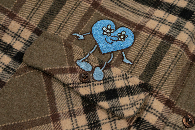 GRAF&WU Plaid 3 LOVE Heart Eembroidery Streetwear Brushed Shirt