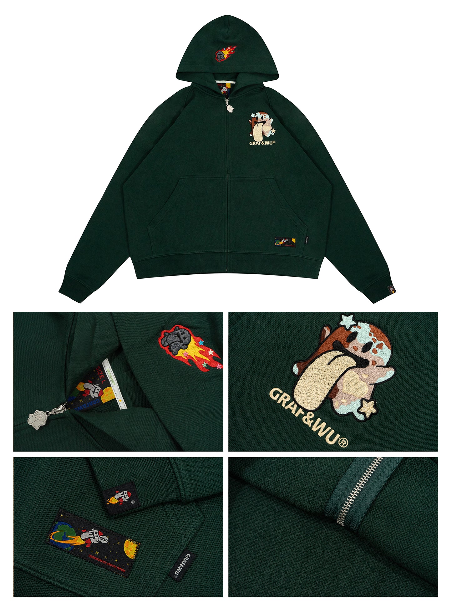 GRAF&WU Solar System Planet Cute Ghost Embroidered Zip-up Hoodie