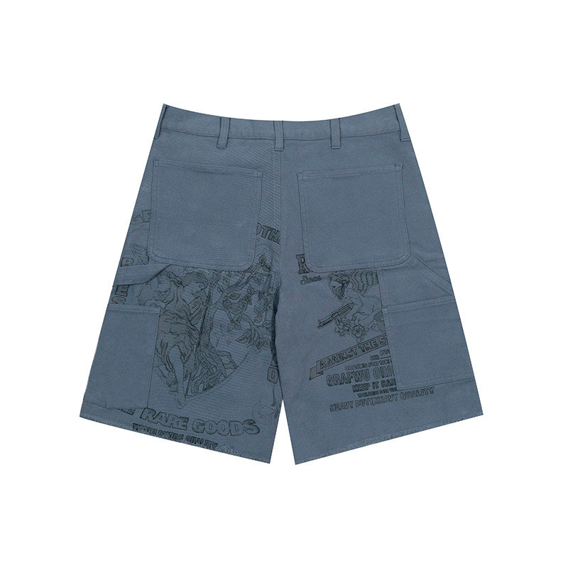 GRAF&WU Vintage Distressed Cargo Shorts | Giraffe Floral Canvas