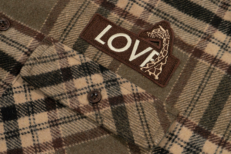 GRAF&WU Plaid 3 LOVE Heart Eembroidery Streetwear Brushed Shirt