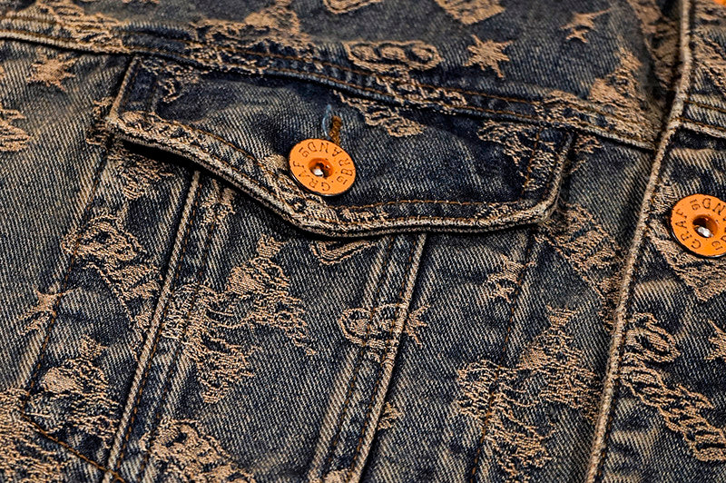 GRAF&WU Retro Jacquard Embroidered Sleeveless Denim Vest