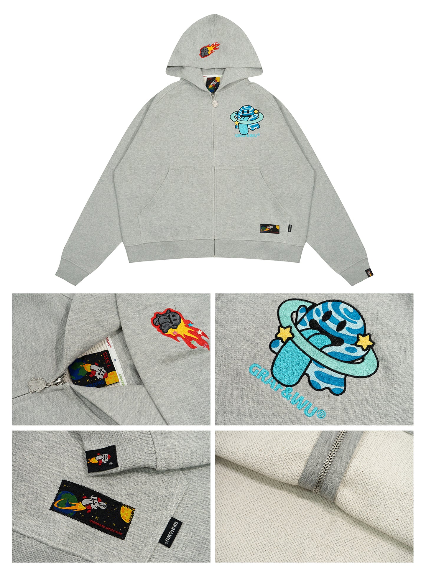GRAF&WU Solar System Planet Cute Ghost Embroidered Zip-up Hoodie