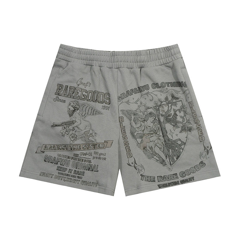GRAF&WU Vintage Floral Giraffe Goddess Blessing Print Athletic Shorts