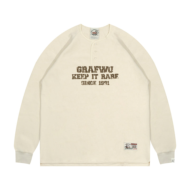 GRAF&WU Vintage Letter Cotton Henley Collar Long-sleeve Shirt