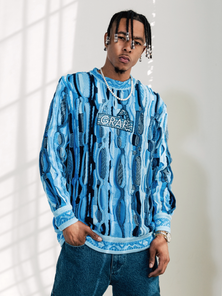 GRAF&WU Retro 3D Wave Pattern Street Art Knit Sweater