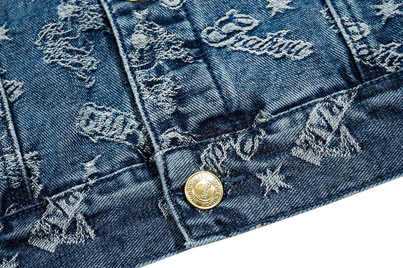 GRAF&WU Retro Jacquard Embroidered Sleeveless Denim Vest