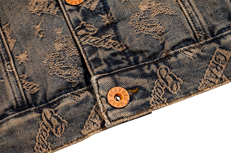 GRAF&WU Retro Jacquard Embroidered Sleeveless Denim Vest