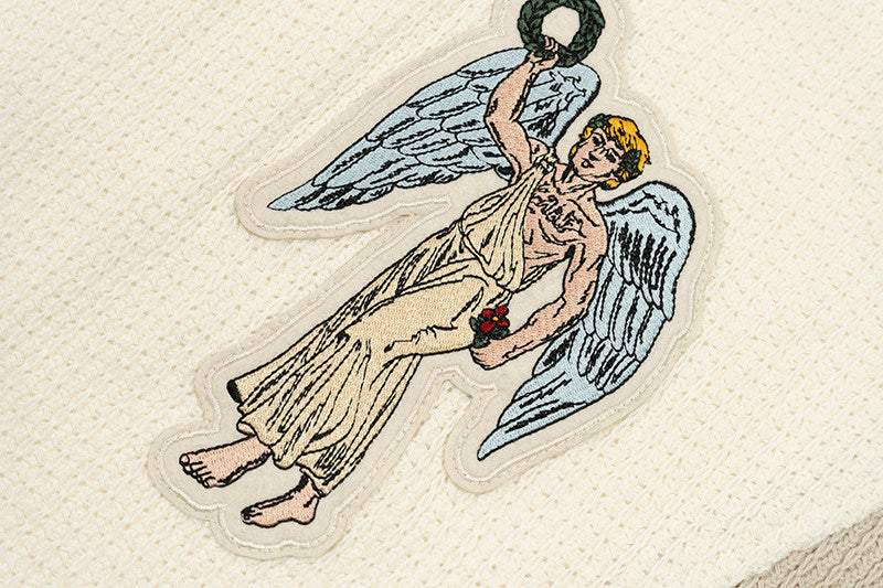 GRAF&WU Victory Angel Embroidered Patch Vacation Style Knitted T-Shirt