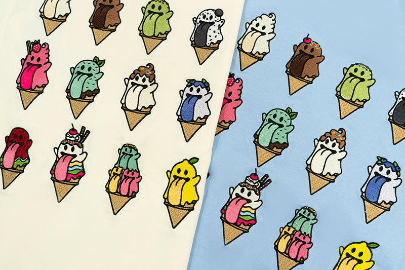 GRAF&WU 【Summer Special】T-shirts12 Ice Cream Cute Ghost Short Sleeves Embroidered Short Sleeve Men Women Cotton Casual T-shirt