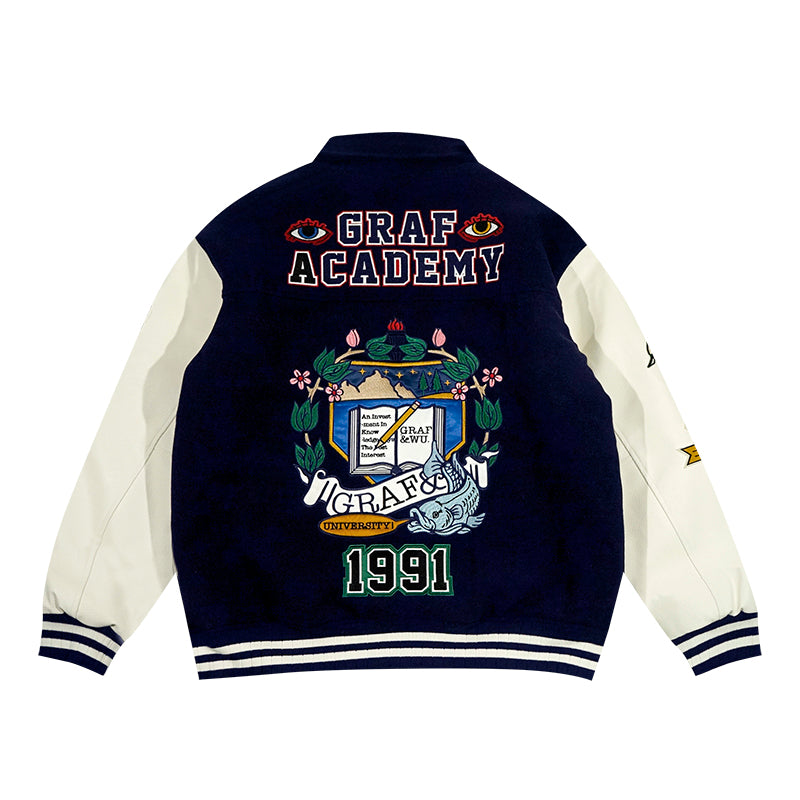 GRAF&WU University Them Leather Sleeved Wool Baseball Jacket
