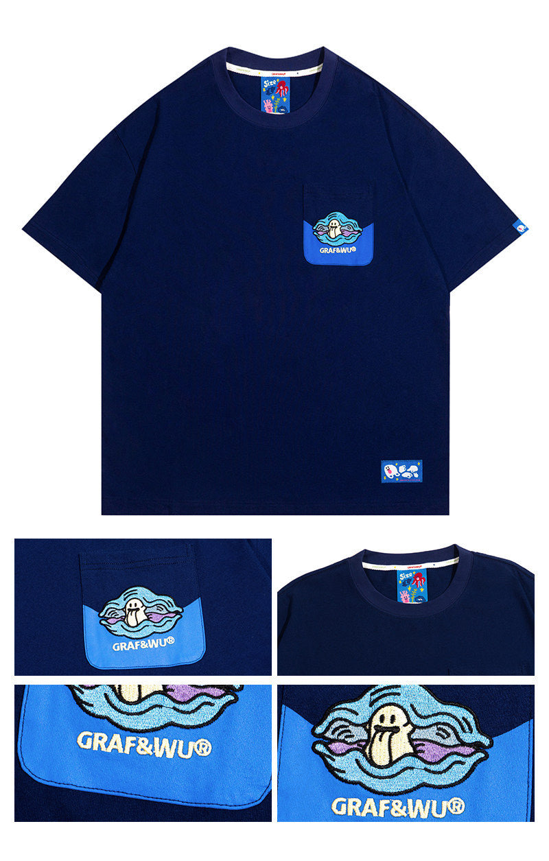 GRAF&WU Ocean Protect Coral Whale Giant Clam Cute Ghost Pocket T-shirt