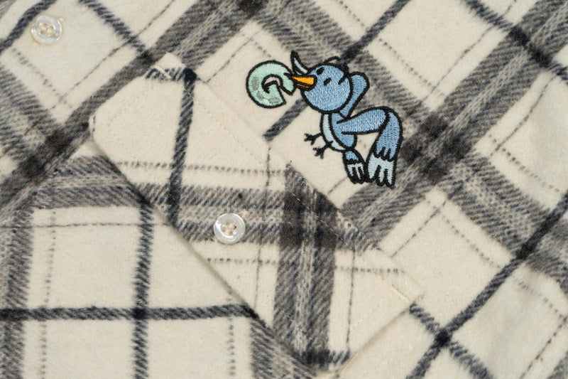 GRAF&WU Embroidered Blue Bird Nest Streetwear Plaid Brushed Shirt