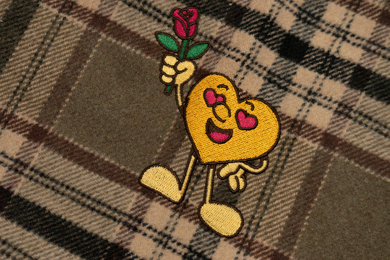 GRAF&WU Plaid 3 LOVE Heart Eembroidery Streetwear Brushed Shirt