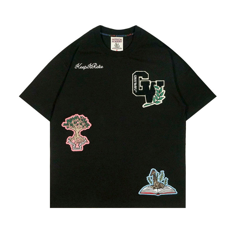 GRAF&WU Giraffe University Knowledge Power Embroidered Badge Cotton T-shirt