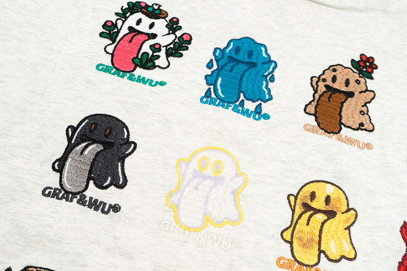 GRAF&WU T-Shirts 12 Natural Elements Cute Ghost Design T-Shirts Tai Chi Pattern Summer T-Shirt Embroidered Cotton Short Sleeve