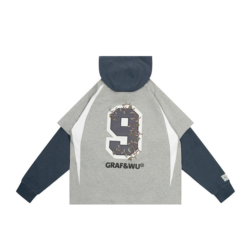 GRAF&WU Blokecore Floral Embroidery Thin Layered Look Jersey Hoodie