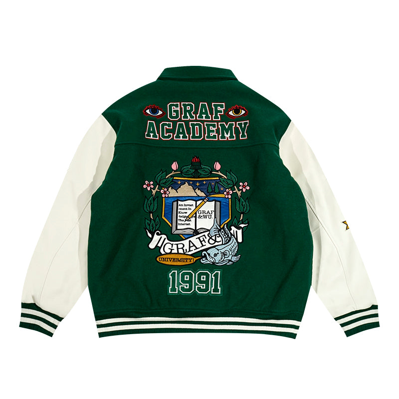GRAF&WU University Them Leather Sleeved Wool Baseball Jacket