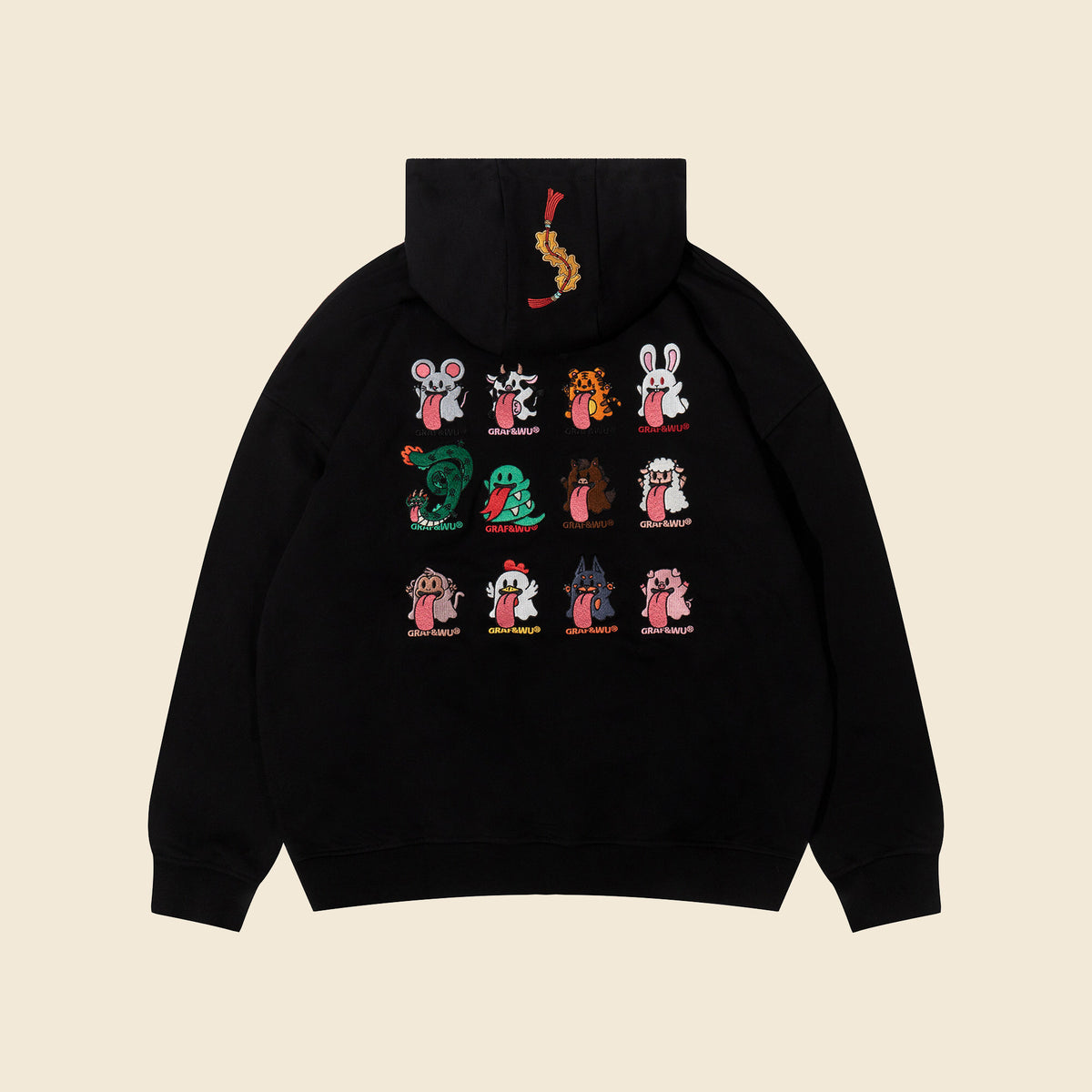 GRAF&WU Chinese Zodiac Cute Ghost Themed Embroidered Oversized Fleece Hoodie