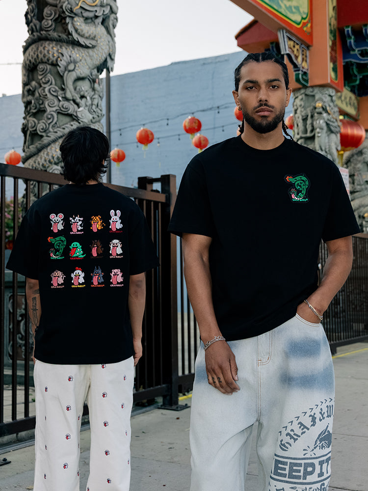 GRAF&WU T-Shirts 12 Zodiac Tiger Sheep Cow Pig Cute Ghost Short-Sleeved Embroidered Cotton T-Shirt