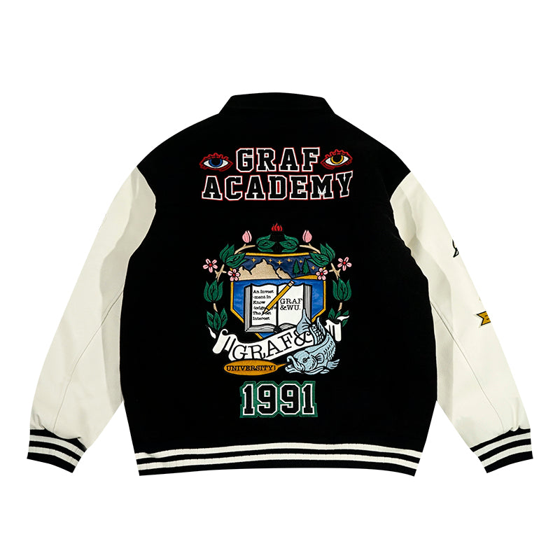 GRAF&WU University Them Leather Sleeved Wool Baseball Jacket