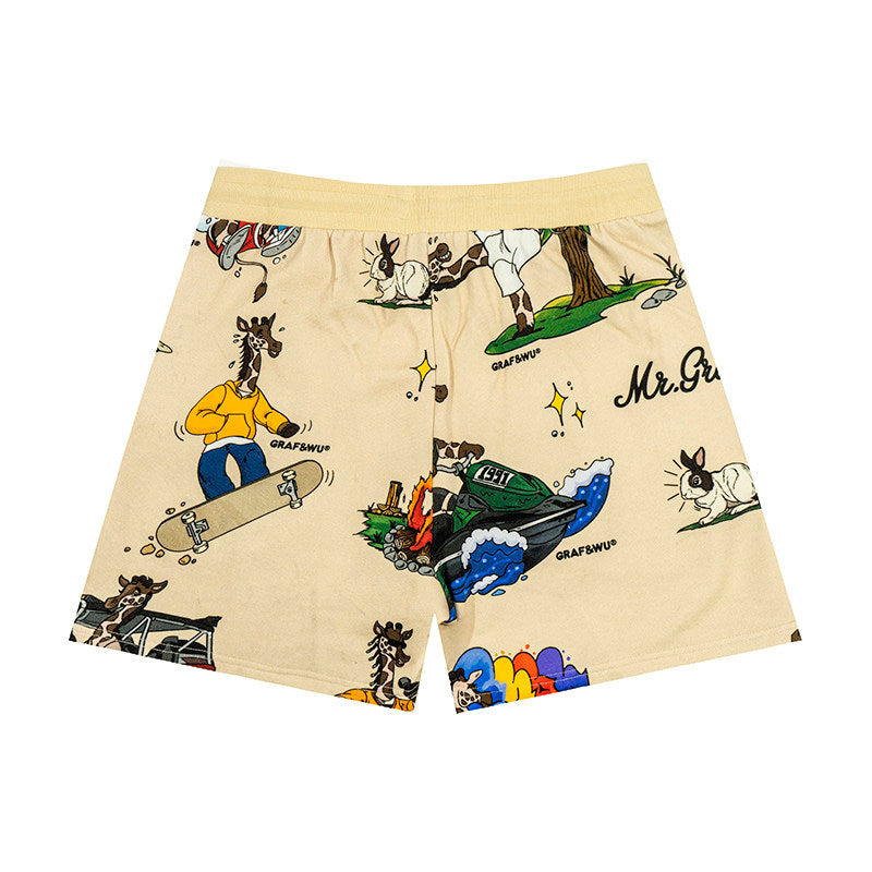 GRAF&WU Giraffe Cartoon Graphic Shorts Casual Streetwear