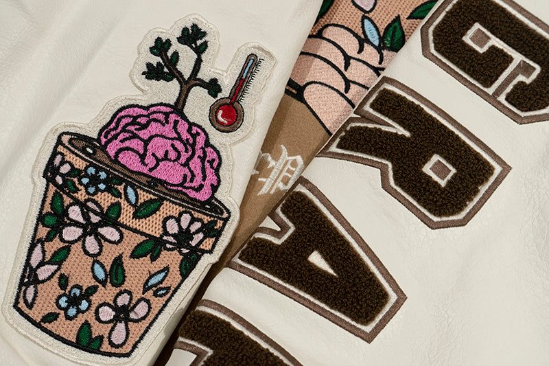 GRAF&WU Brainpower Potted Plant Leather Sleeves Baseball Jacket