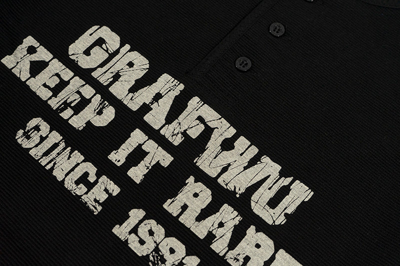 GRAF&WU Vintage Letter Cotton Henley Collar Long-sleeve Shirt