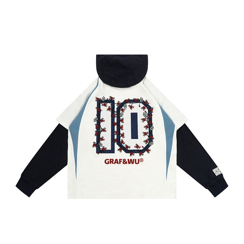GRAF&WU Blokecore Floral Embroidery Thin Layered Look Jersey Hoodie