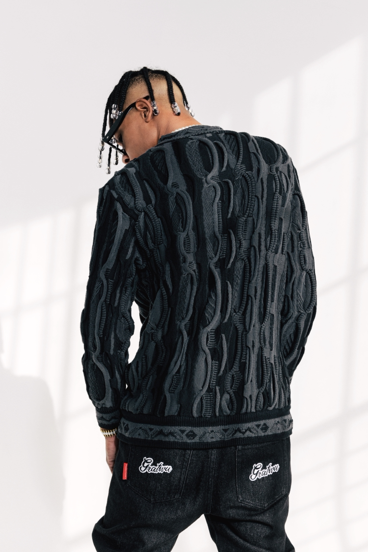 GRAF&WU Retro 3D Wave Pattern Street Art Knit Sweater