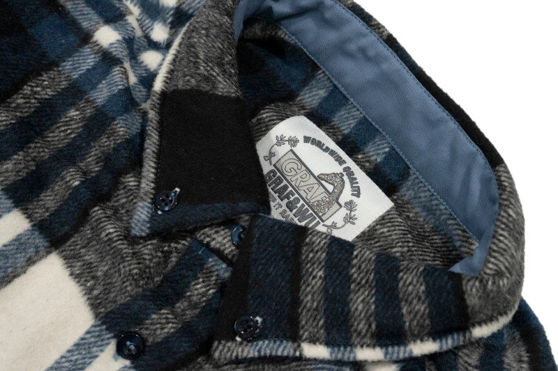 GRAF&WU Embroidered Blue Bird Nest Streetwear Plaid Brushed Shirt