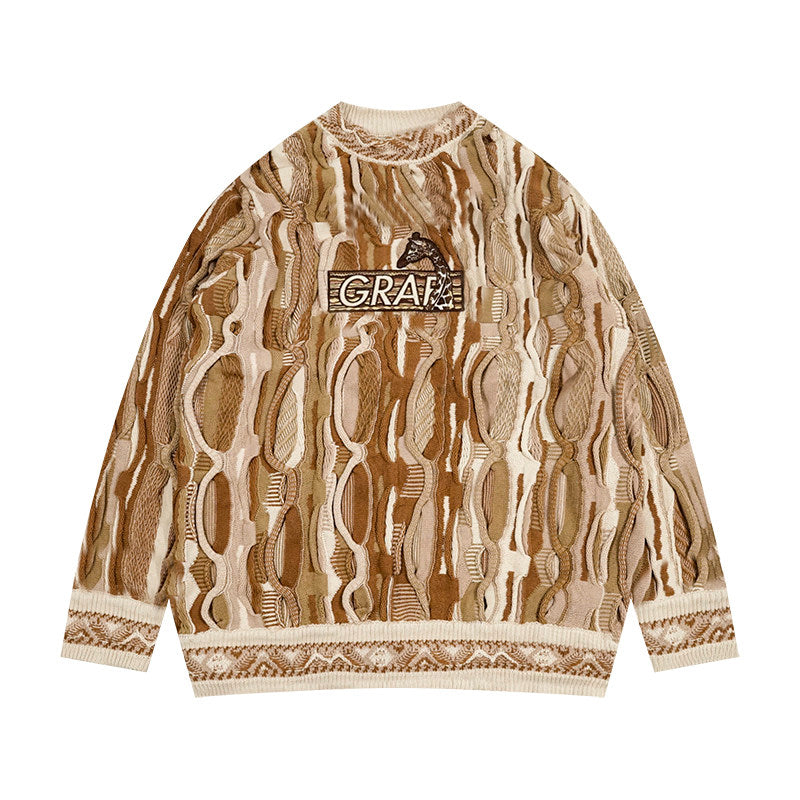 GRAF&WU Retro 3D Wave Pattern Street Art Knit Sweater