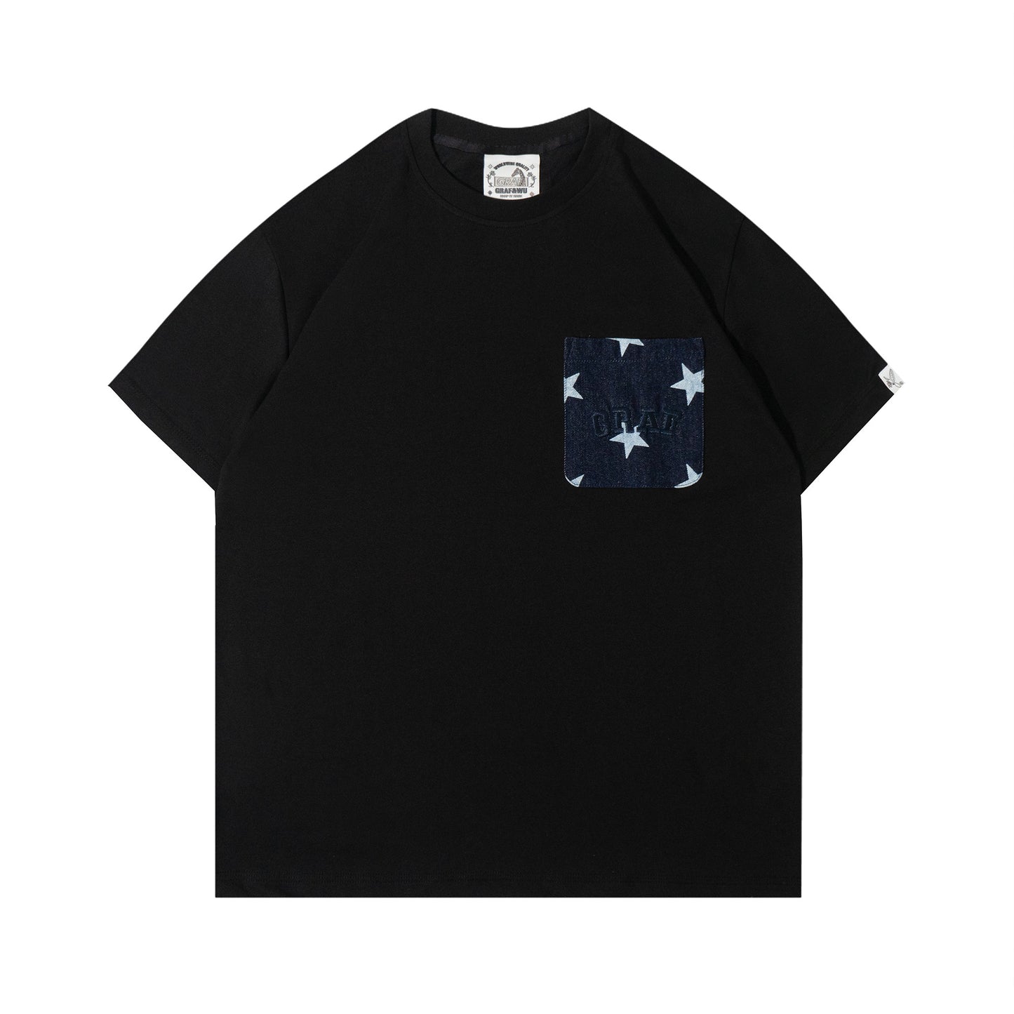 GRAF&WU Washed Houndstooth Star Pattern Denim Pocket Cotton T-shirt