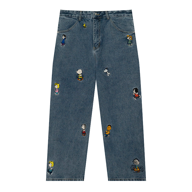 GRAF X Peanuts【Snoopy Collaboration】Jeans Charlie Brown Lucy Embroidered Pants Baggy Fit Denim Trousers Men Women Classic Straight-Leg Denim