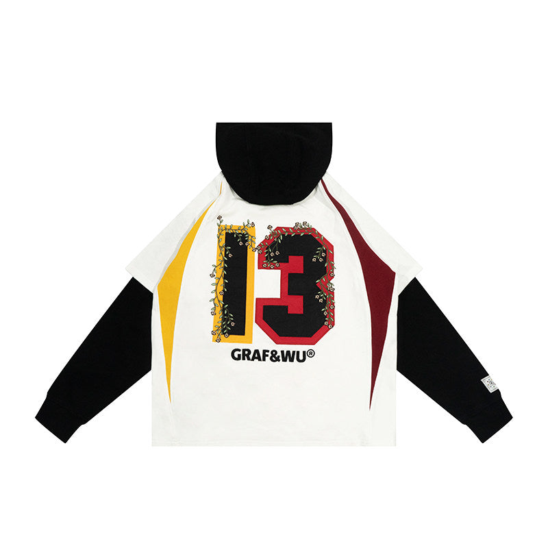 GRAF&WU Blokecore Floral Embroidery Thin Layered Look Jersey Hoodie