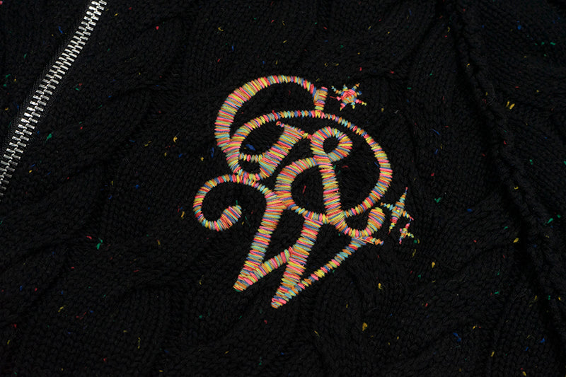 GRAF&WU Embroidered Twist Yarn Colorful Speckled Blended Zip Knit Coat