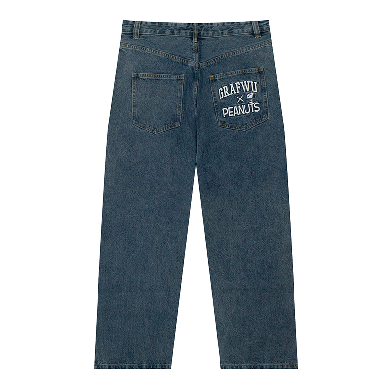 GRAF X Peanuts【Snoopy Collaboration】Jeans Charlie Brown Lucy Embroidered Pants Baggy Fit Denim Trousers Men Women Classic Straight-Leg Denim