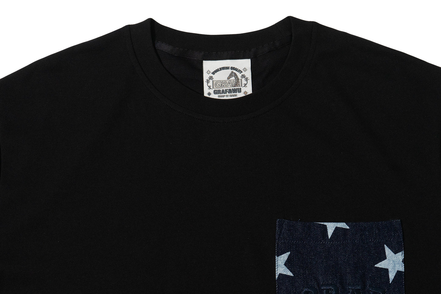 GRAF&WU Washed Houndstooth Star Pattern Denim Pocket Cotton T-shirt