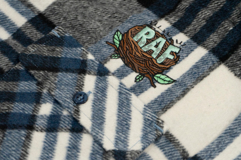 GRAF&WU Embroidered Blue Bird Nest Streetwear Plaid Brushed Shirt