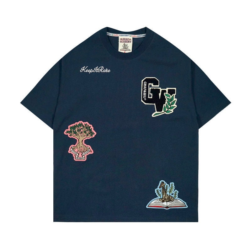 GRAF&WU Giraffe University Knowledge Power Embroidered Badge Cotton T-shirt