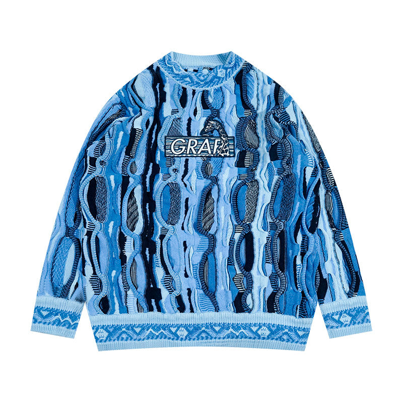GRAF&WU Retro 3D Wave Pattern Street Art Knit Sweater
