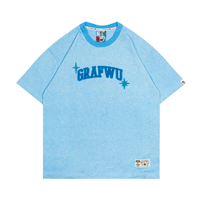 GRAF&WU Washed Style 3D Fleece Embroidery Summer Loose T-Shirt
