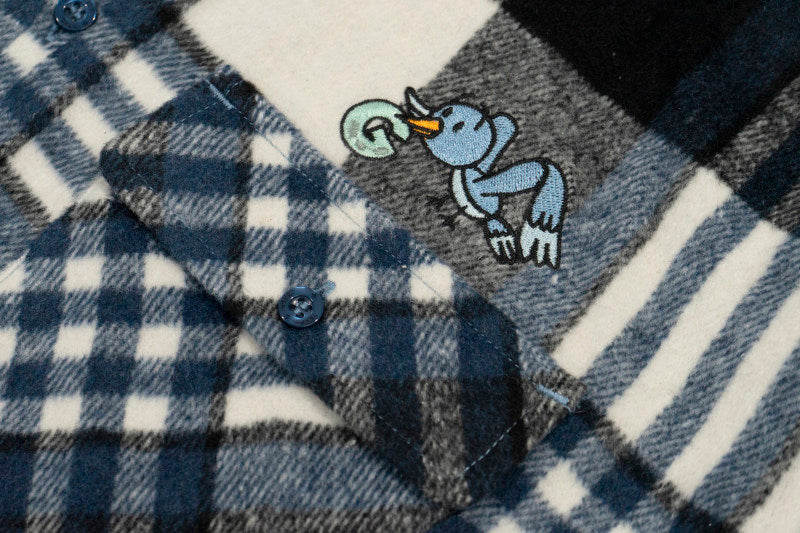 GRAF&WU Embroidered Blue Bird Nest Streetwear Plaid Brushed Shirt