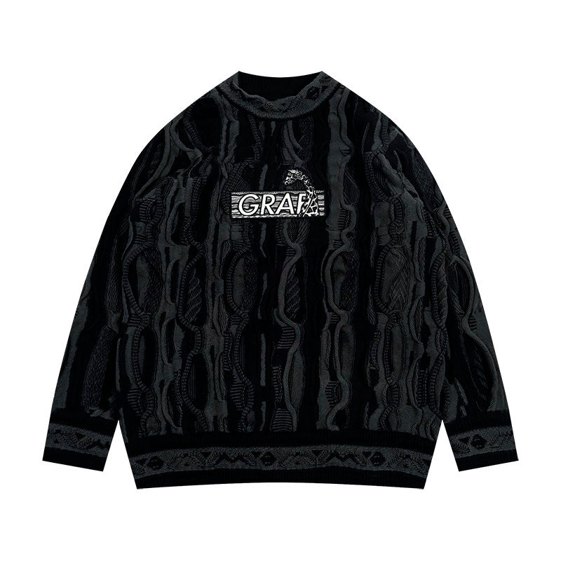 GRAF&WU Retro 3D Wave Pattern Street Art Knit Sweater