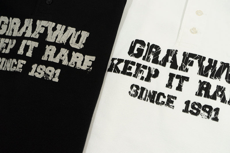 GRAF&WU Vintage Letter Cotton Henley Collar Long-sleeve Shirt