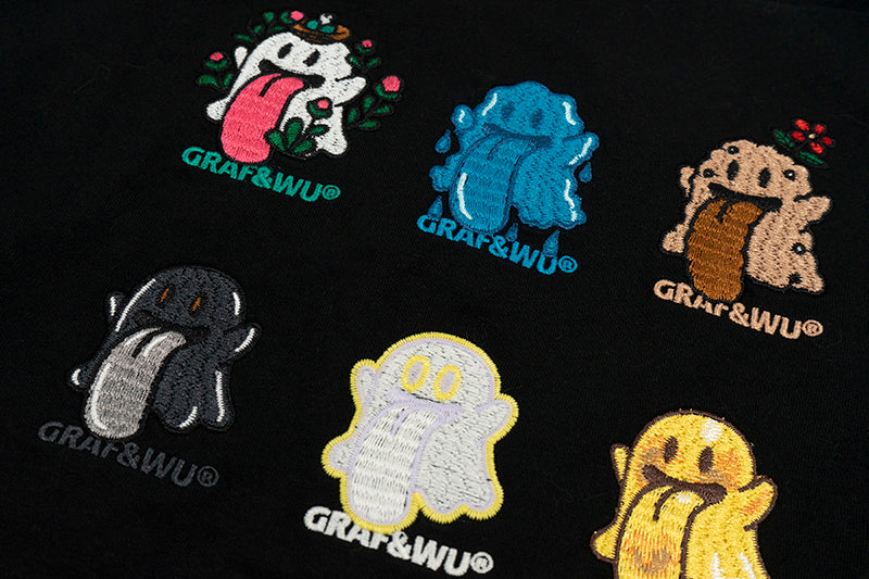 GRAF&WU T-Shirts 12 Natural Elements Cute Ghost Design T-Shirts Tai Chi Pattern Summer T-Shirt Embroidered Cotton Short Sleeve