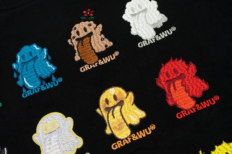 GRAF&WU T-Shirts 12 Natural Elements Cute Ghost Design T-Shirts Tai Chi Pattern Summer T-Shirt Embroidered Cotton Short Sleeve