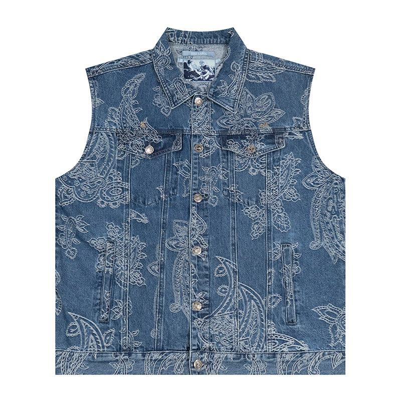 GRAFWU Jacquard Craft Pattern Design Denim Sleeveless